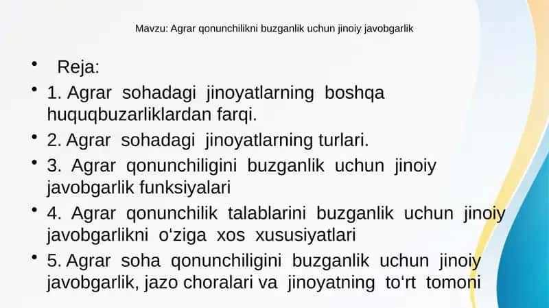 Agrar qonunchilikni buzganlik uchun jinoiy javobgarlik 1