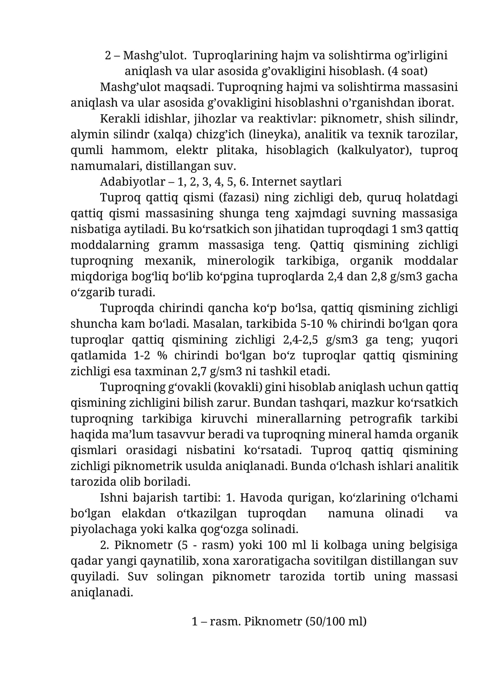 Tuproqlarining hajm va solishtirma og’irligini aniqlash 1