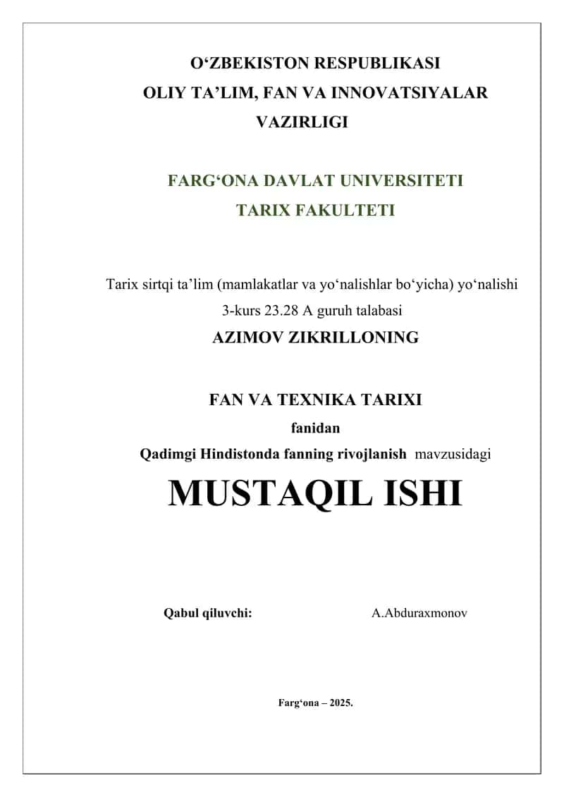 Qadimgi Hindistonda fanning rivojlanish mavzusidagi MUSTAQIL ISHI 1