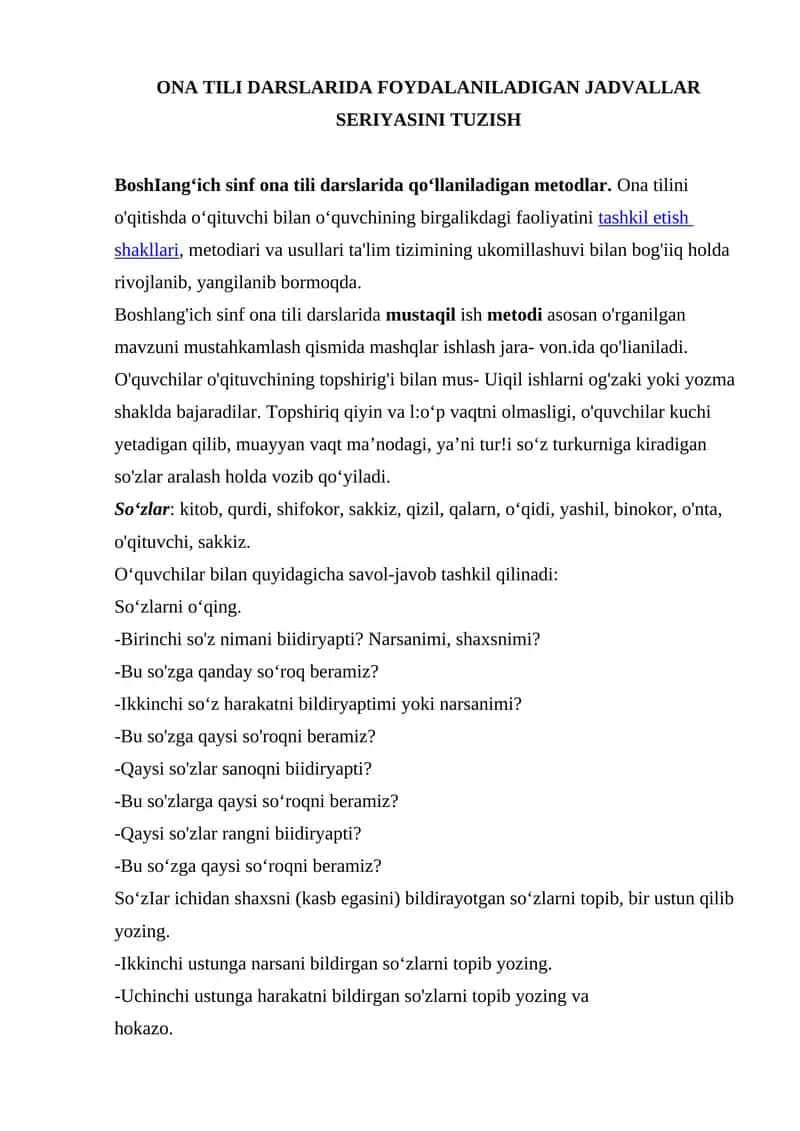 ONA TILI DARSLARIDA FOYDALANILADIGAN JADVALLAR SERIYASINI TUZISH 1