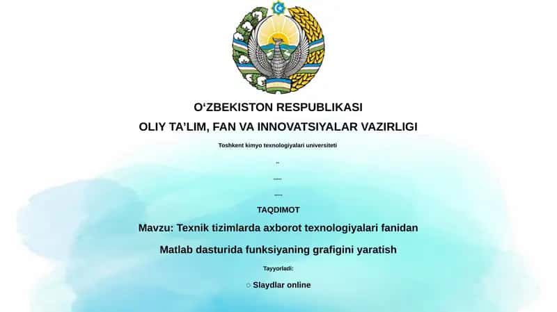 Texnik tizimlarda axborot texnologiyalari fanidan Matlab dasturida funksiyaning grafigini yaratish 1
