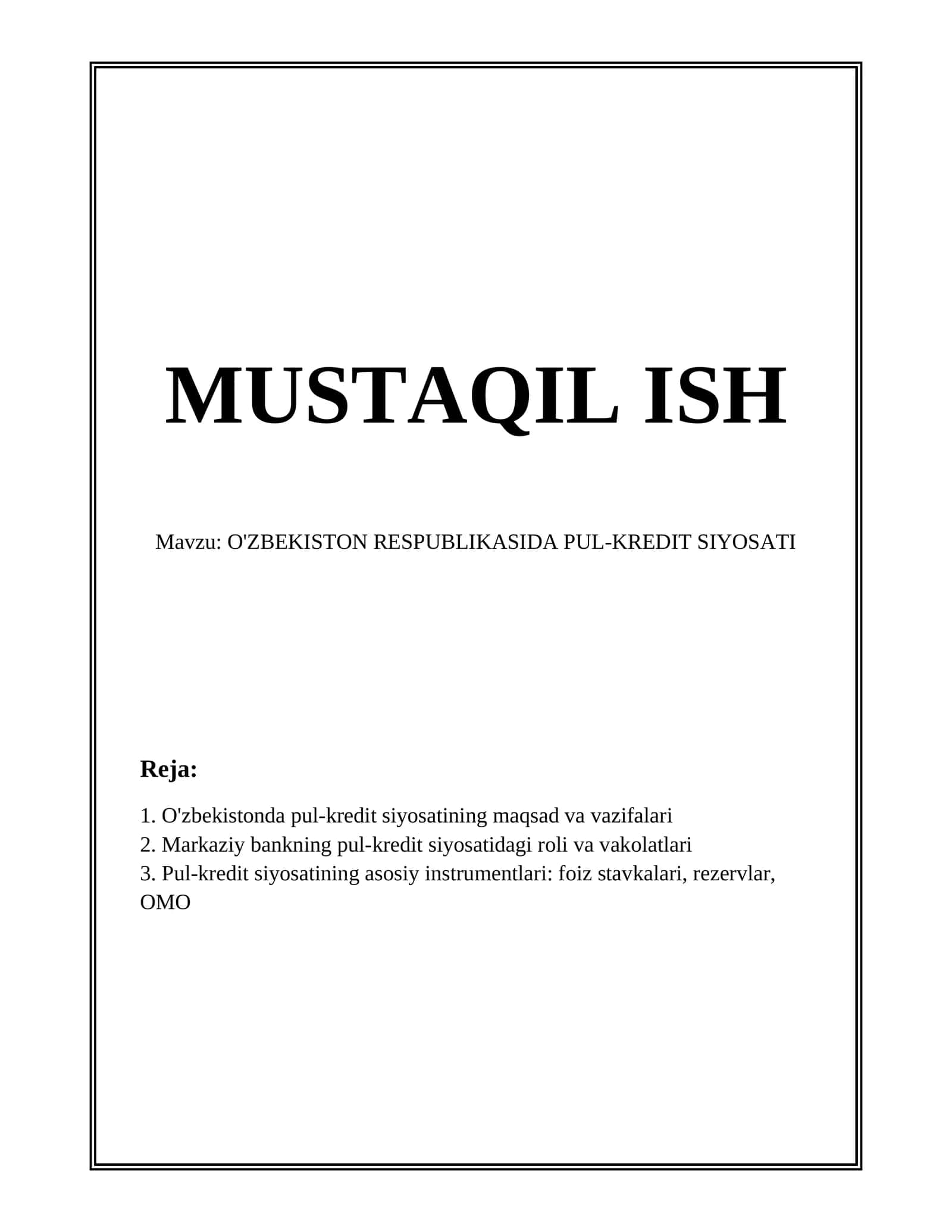 O'ZBEKISTON RESPUBLIKASIDA PUL-KREDIT SIYOSATI 1