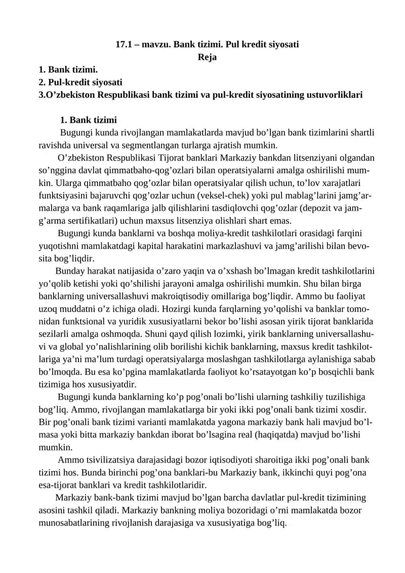 Bank tizimi. Pul kredit siyosati 1