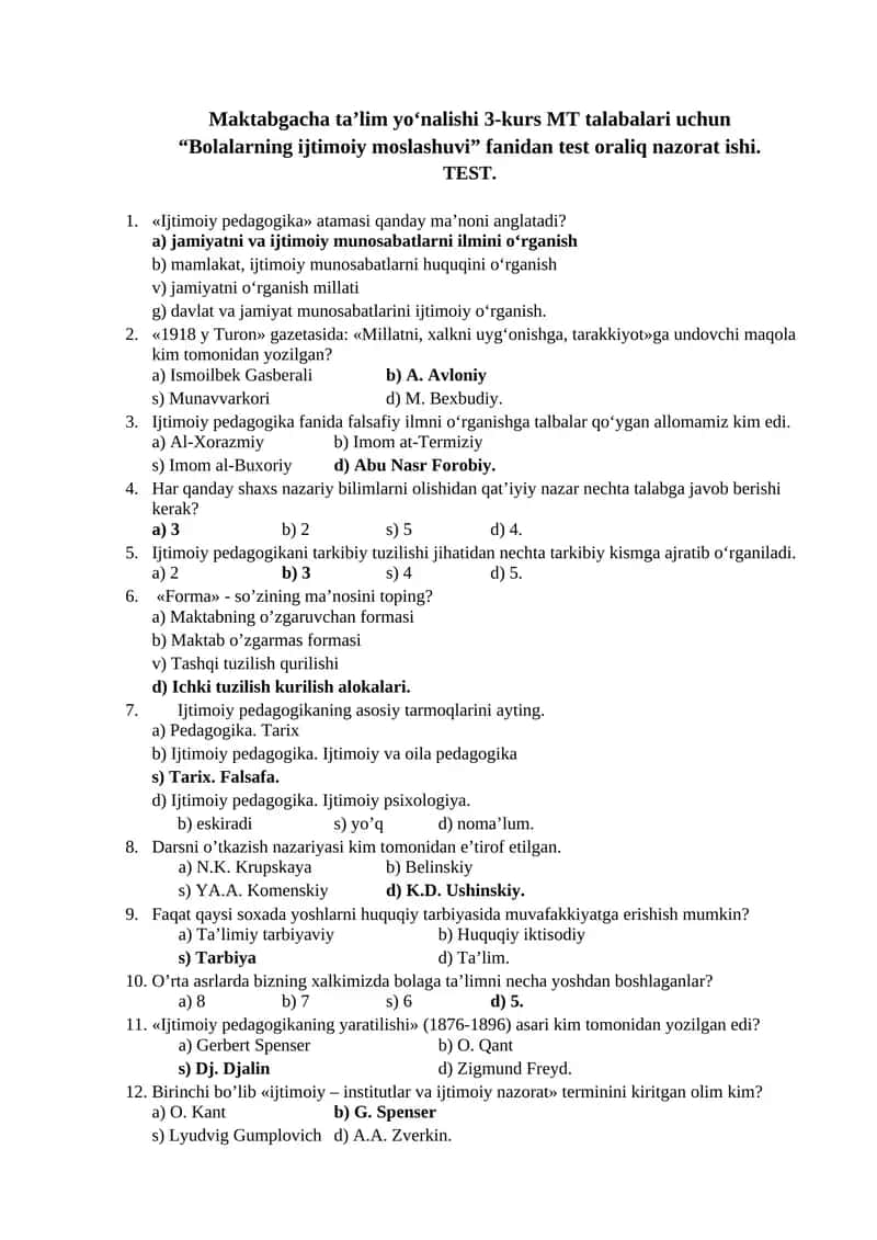 “Bolalarning ijtimoiy moslashuvi” fanidan test oraliq nazorat ishi 1