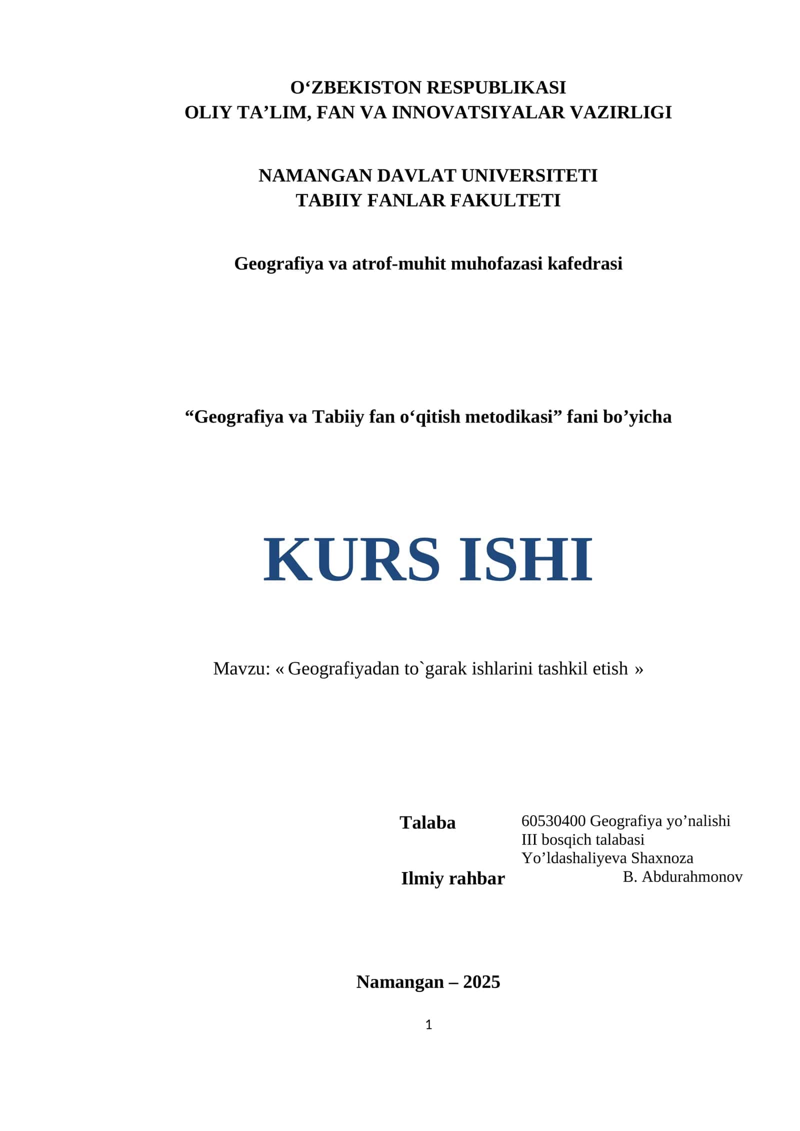 Geografiya va Tabiiy fan o‘qitish metodikasi 1