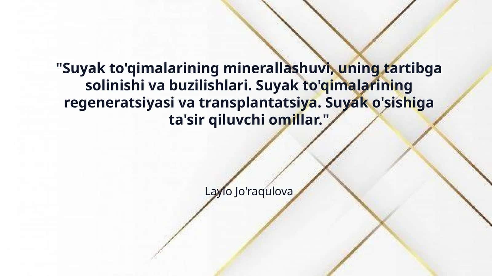 "Suyak to'qimalarining minerallashuvi, uning tartibga solinishi va buzilishlari. Suyak to'qimalarining regeneratsiyasi va transplantatsiya. Suyak o'sishiga ta'sir qiluvchi omillar." 1
