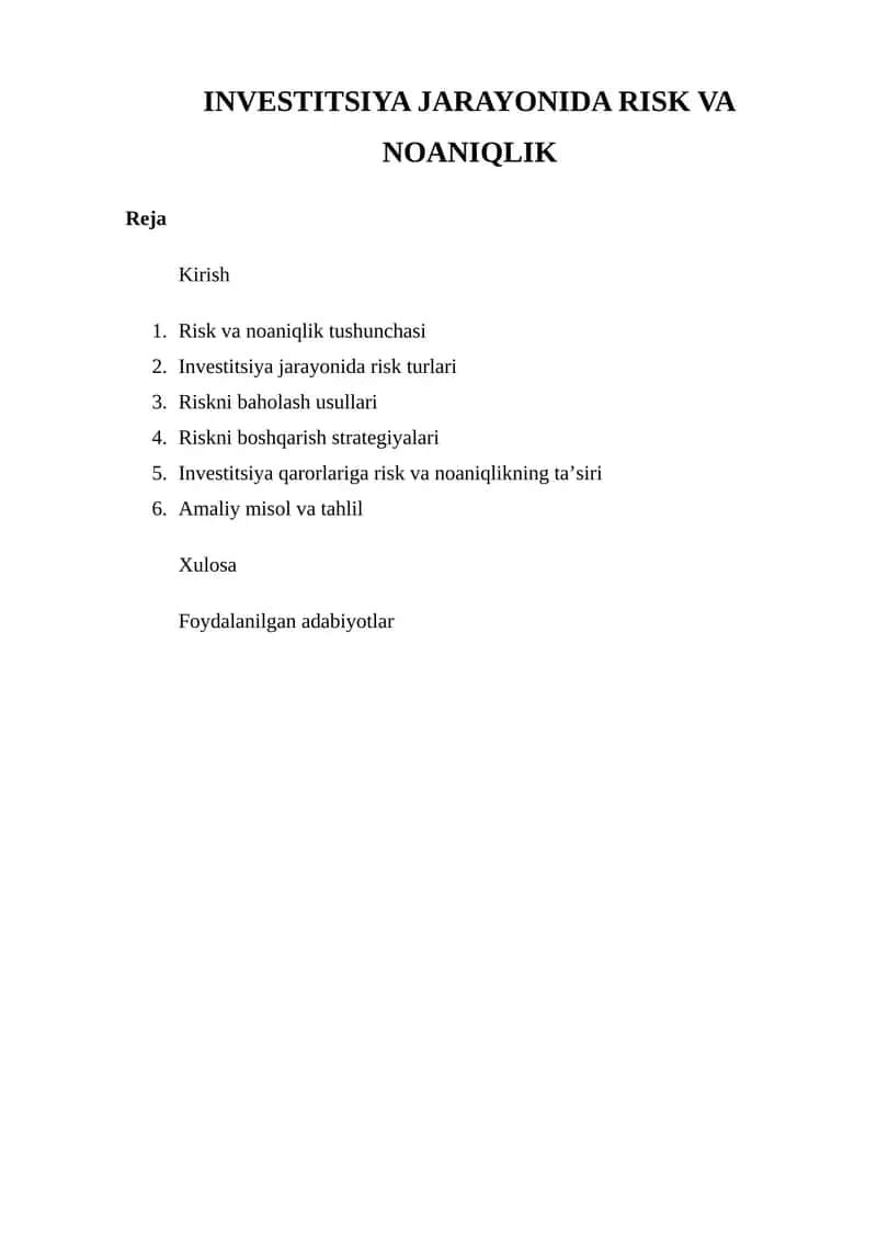 Investitsiya Jarayonida Risk va Noaniqlik 1