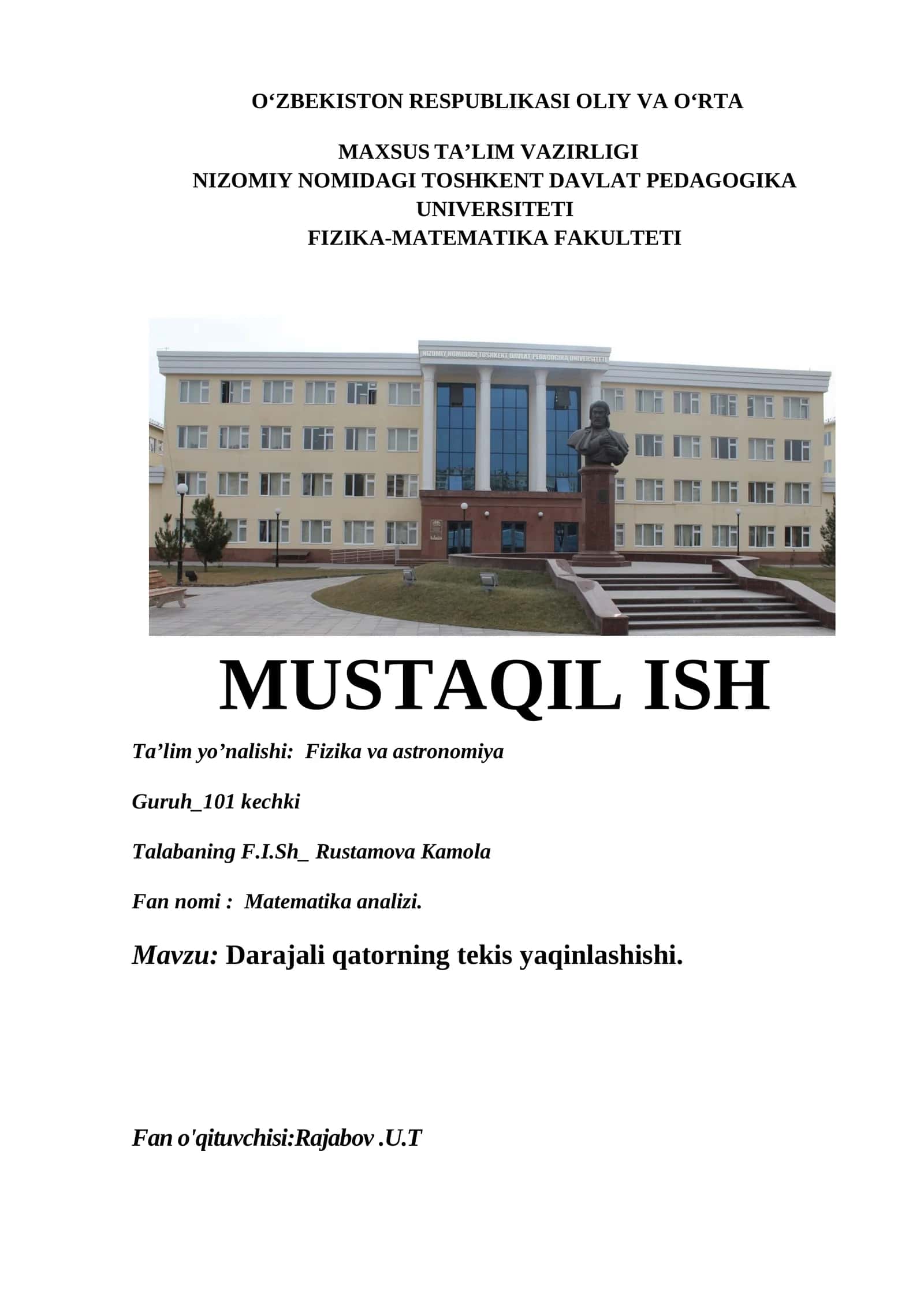 Darajali Qatorning Tekis Yaqinlashishi 1