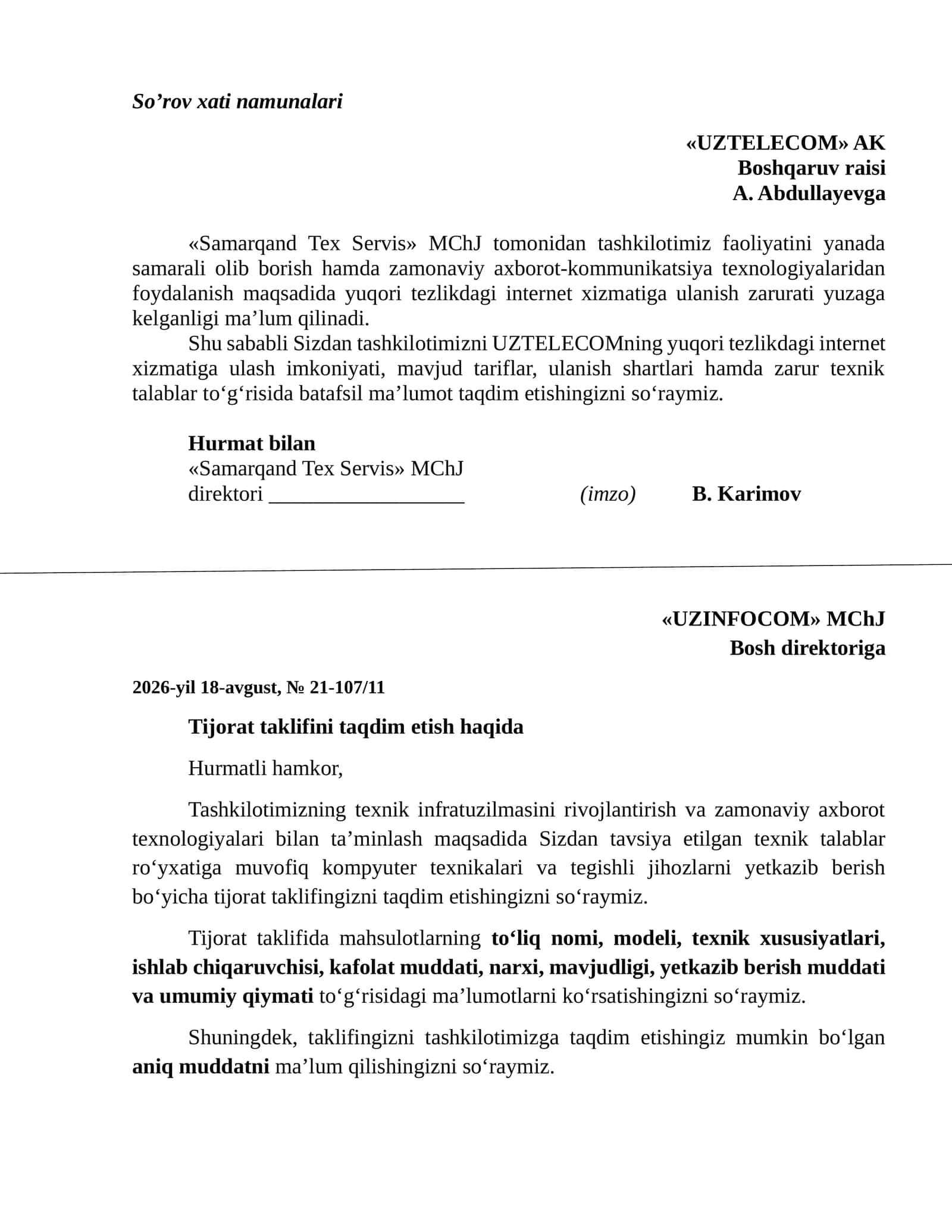 Tijorat taklifi namunalari 1