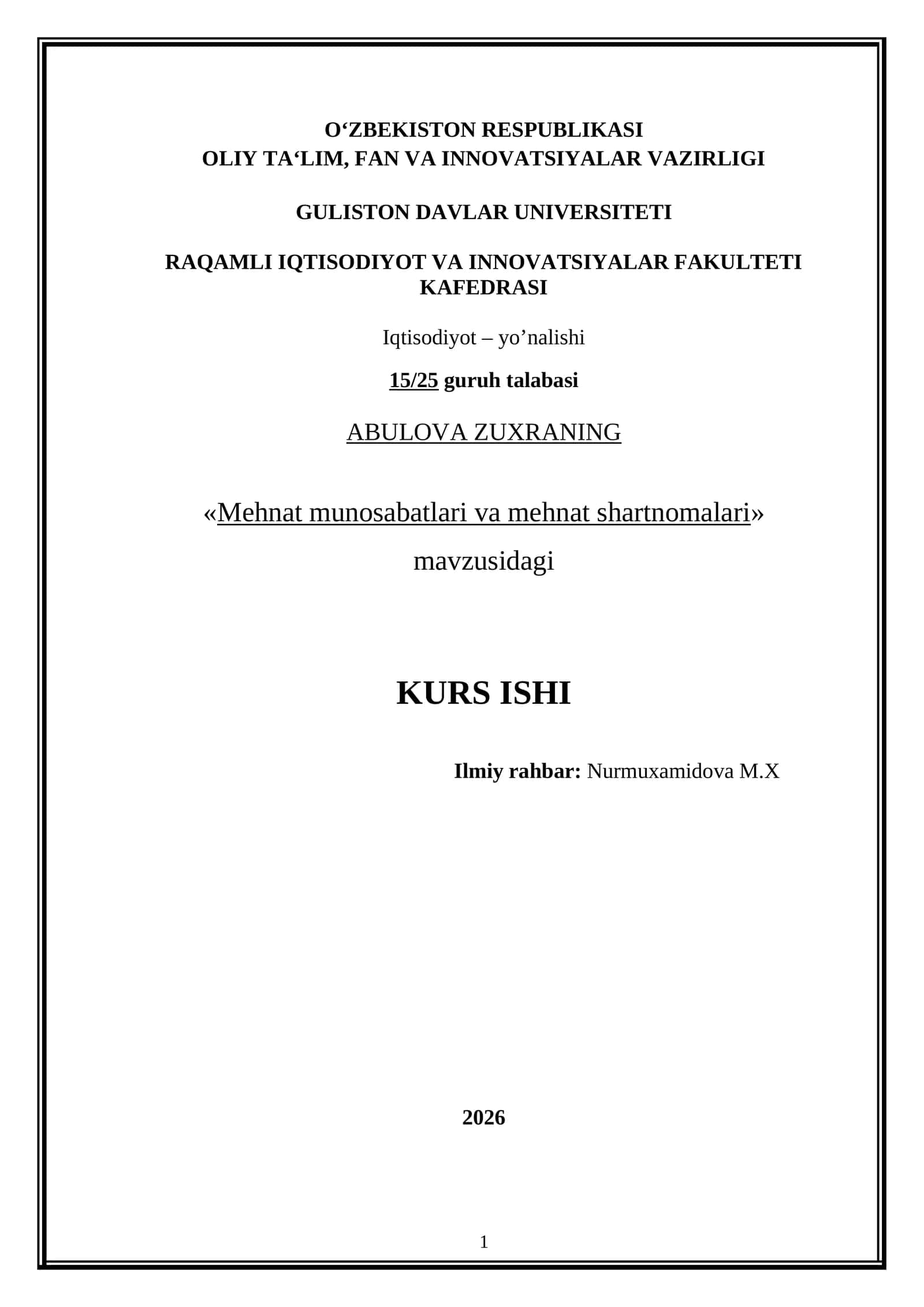 «Mehnat munosabatlari va mehnat shartnomalari» 1