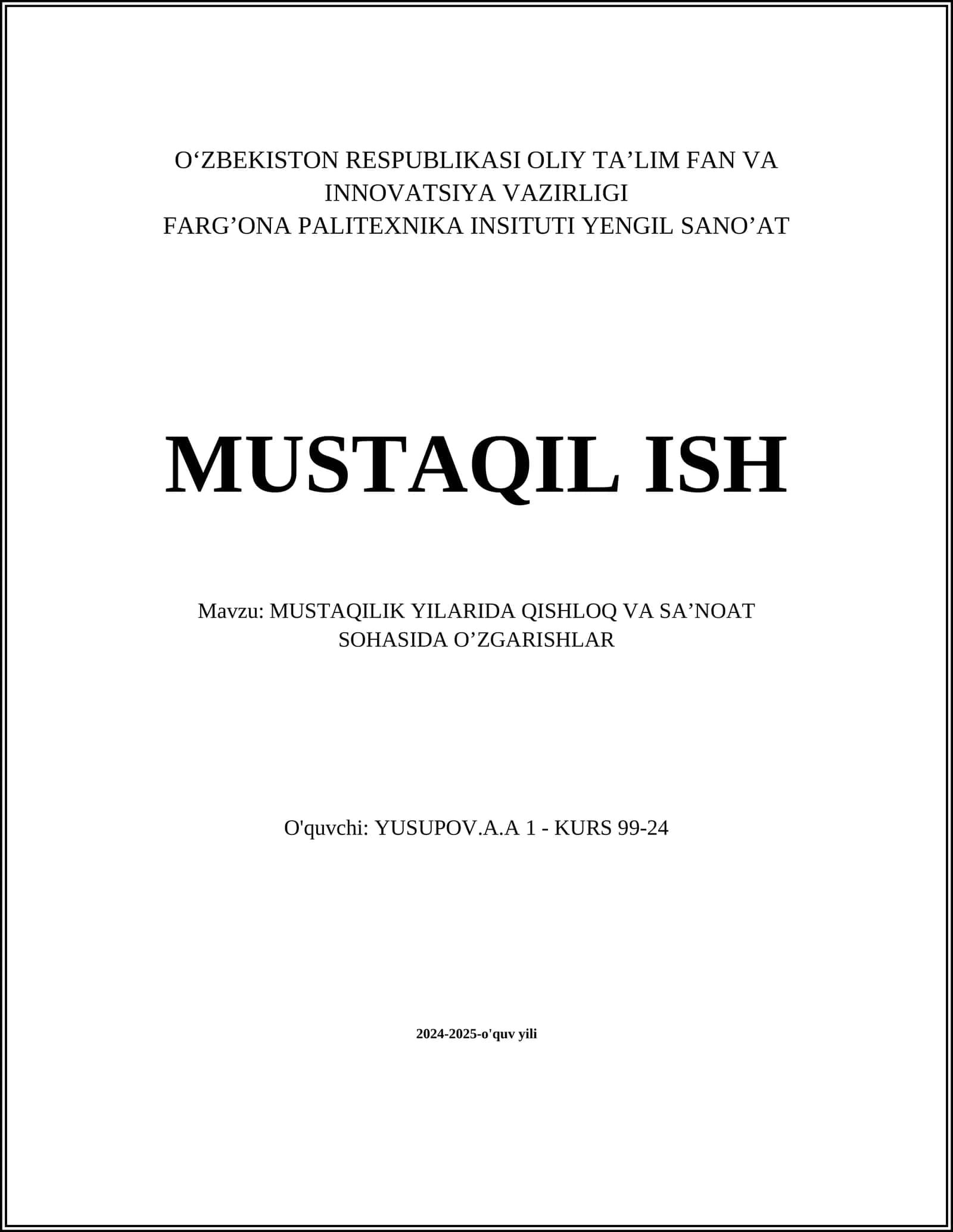MUSTAQILIK YILARIDA QISHLOQ VA SA’NOAT SOHASIDA O’ZGARISHLAR 1