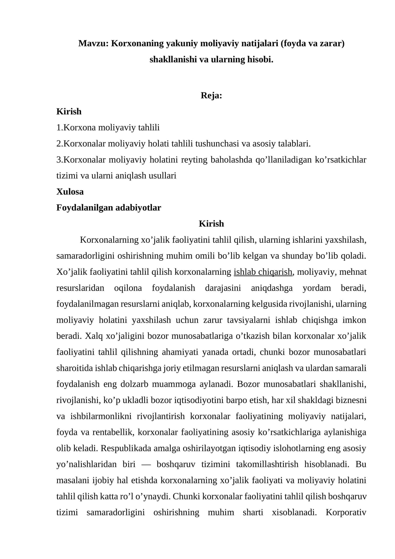 Korxonaning yakuniy moliyaviy natijalari (foyda va zarar) shakllanishi va ularning hisobi 1