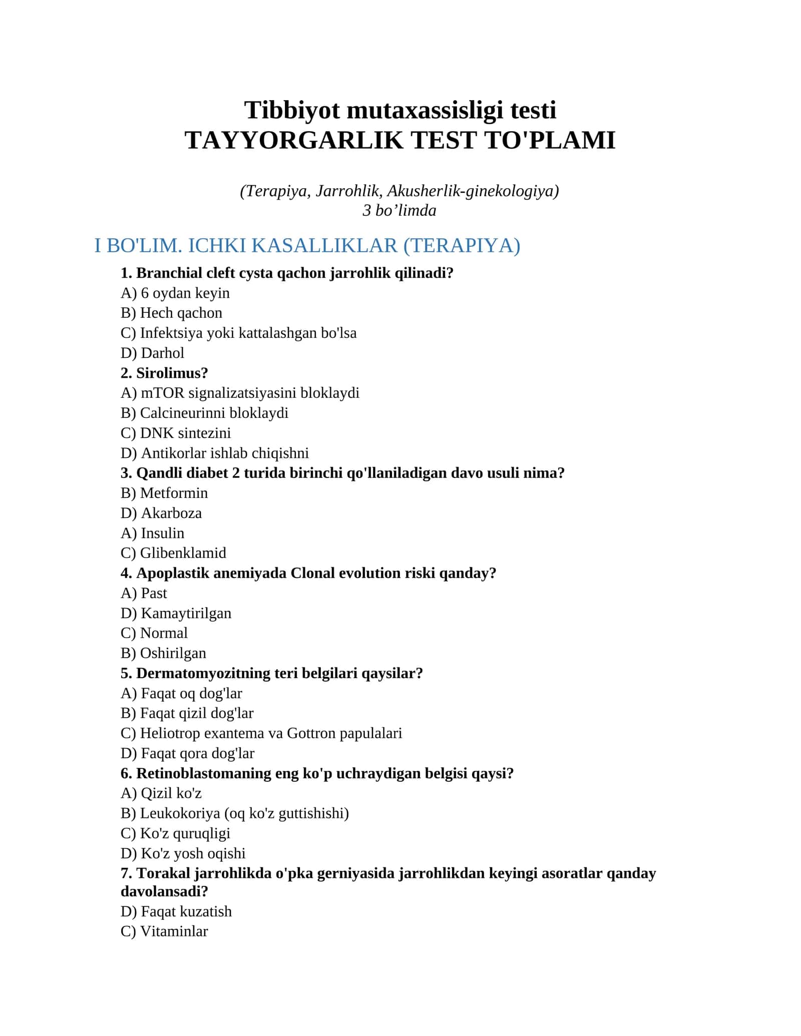 Tibbiyot mutaxassisligi testi 1