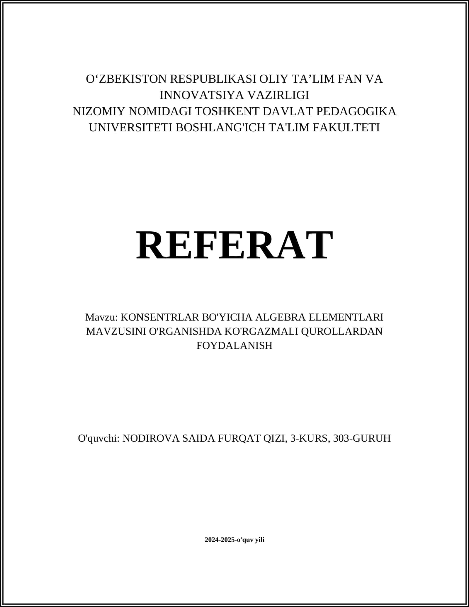 KONSENTRLAR BO'YICHA ALGEBRA ELEMENTLARI MAVZUSINI O'RGANISHDA KO'RGAZMALI QUROLLARDAN FOYDALANISH 1
