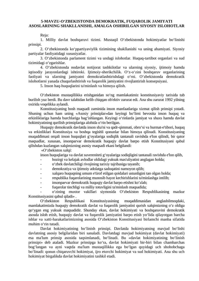 O‘zbekistonda Demokratik, Fuqarolik Jamiyati Asoslarining Shakllanishi, Amalga Oshirilgan Siyosiy Ishlotlar 1