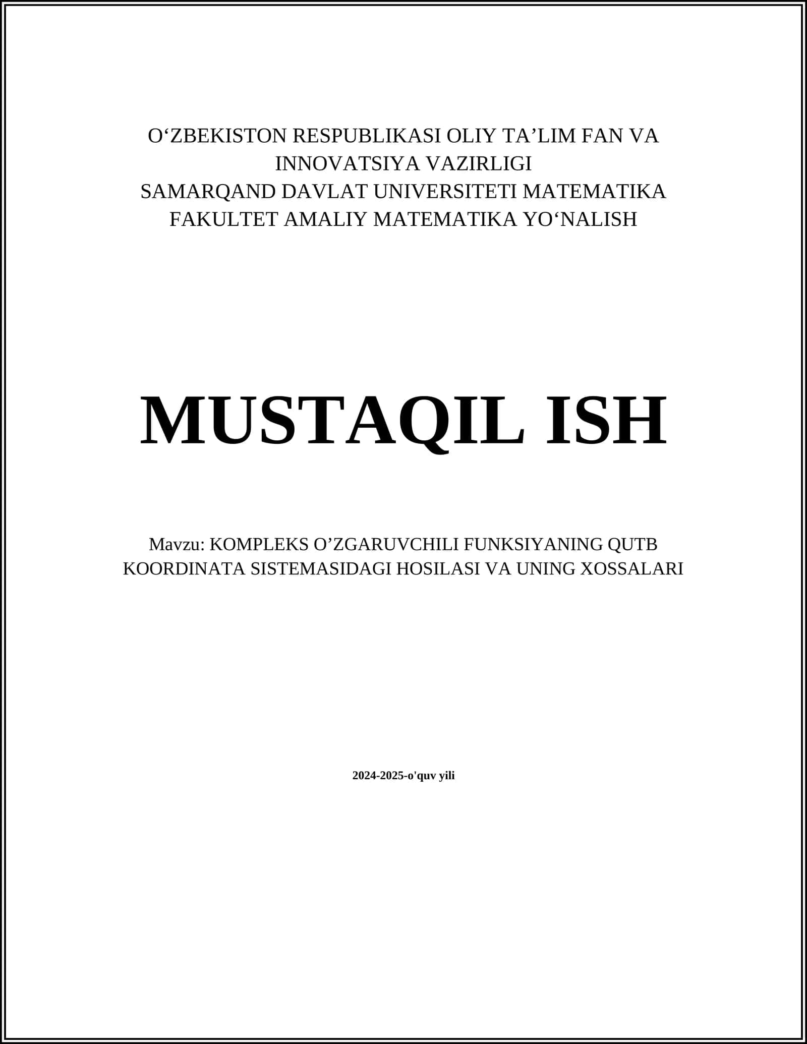 KOMPLEKS O’ZGARUVCHILI FUNKSIYANING QUTB KOORDINATA SISTEMASIDAGI HOSILASI VA UNING XOSSALARI 1