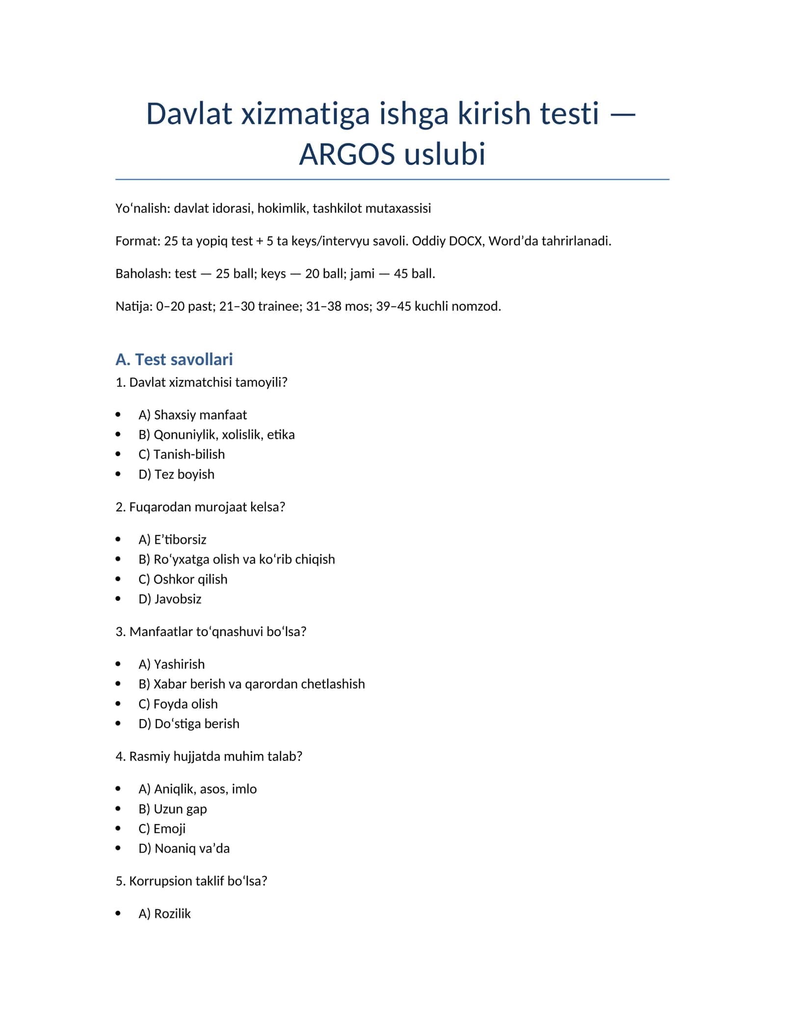 Davlat xizmatiga ishga kirish testi 1