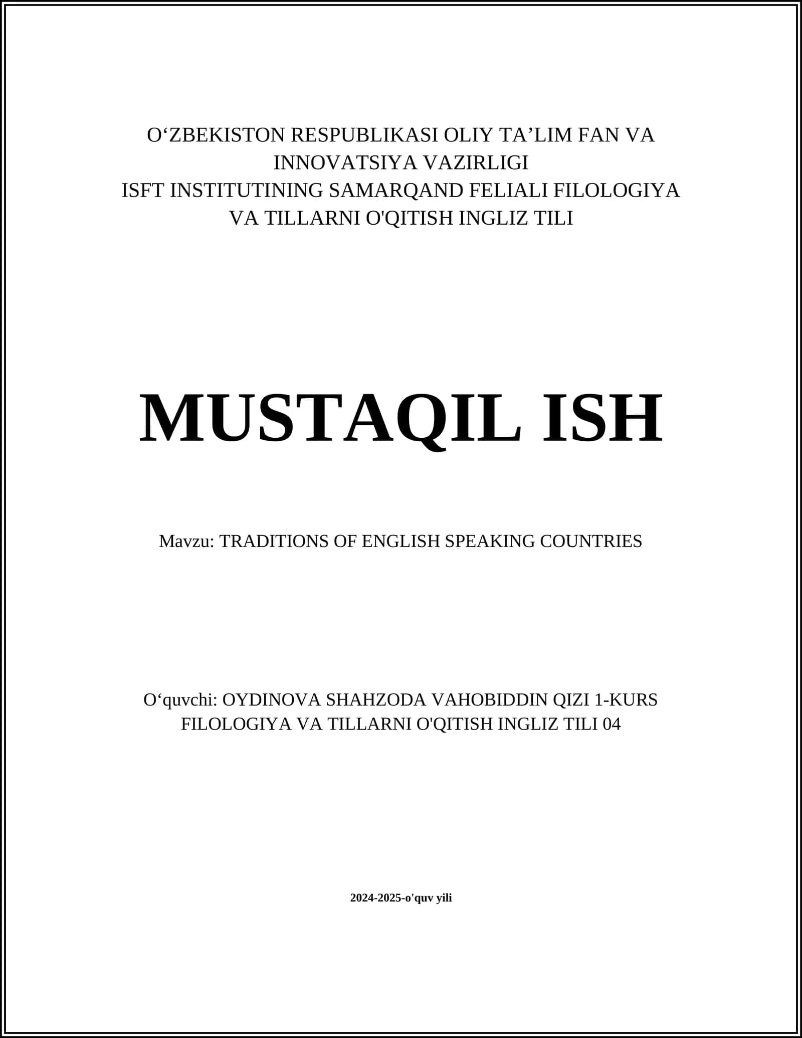TRADITIONS OF ENGLISH SPEAKING COUNTRIES 1