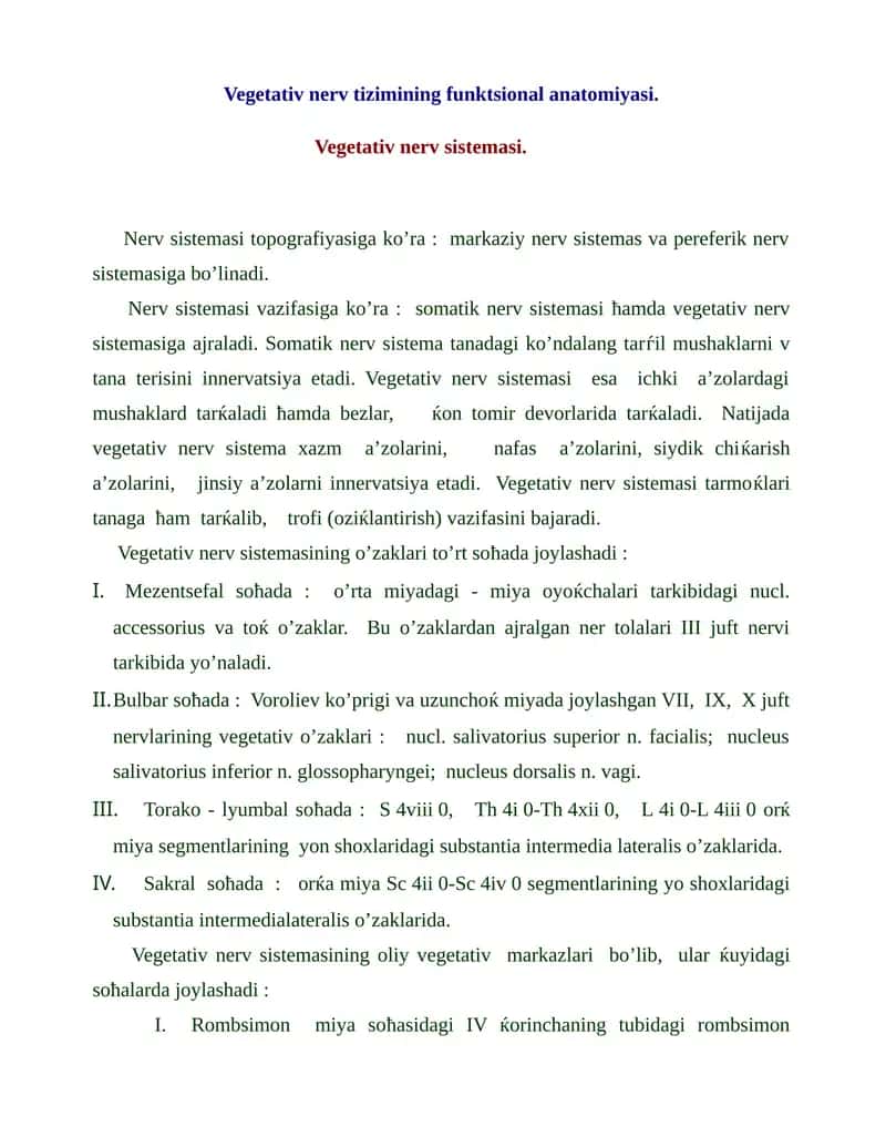 Vegetativ nerv tizimining funktsional anatomiyasi 1