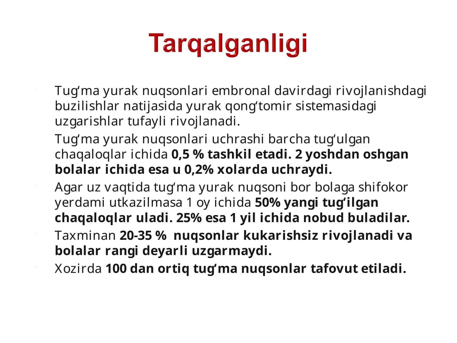 Tug‘ma yurak nuqsonlari embronal davirdagi rivojlanishdagi buzilishlar natijasida yurak qong‘tomir sistemasidagi uzgarishlar tufayli rivojlanadi 1