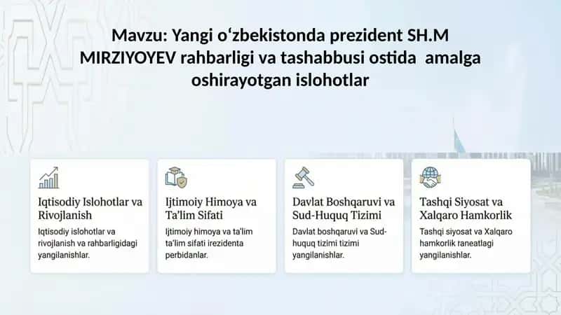 Yangi oʻzbekistonda prezident SH.M MIRZIYOYEV rahbarligi va tashabbusi ostida  amalga oshirayotgan i 1