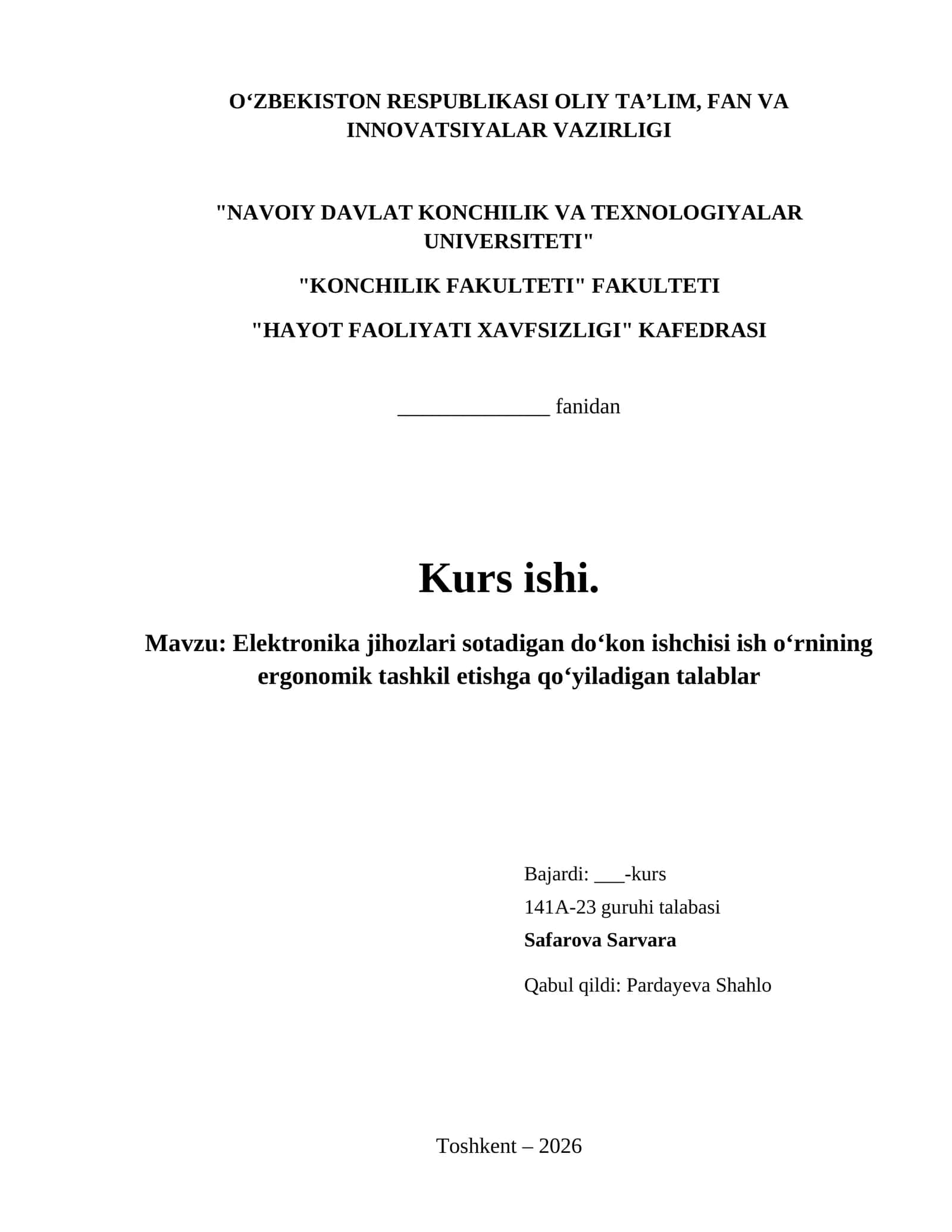 Elektronika jihozlari sotadigan doʻkon ishchisi ish oʻrnining ergonomik tashkil etishga qoʻyiladigan talablar 1