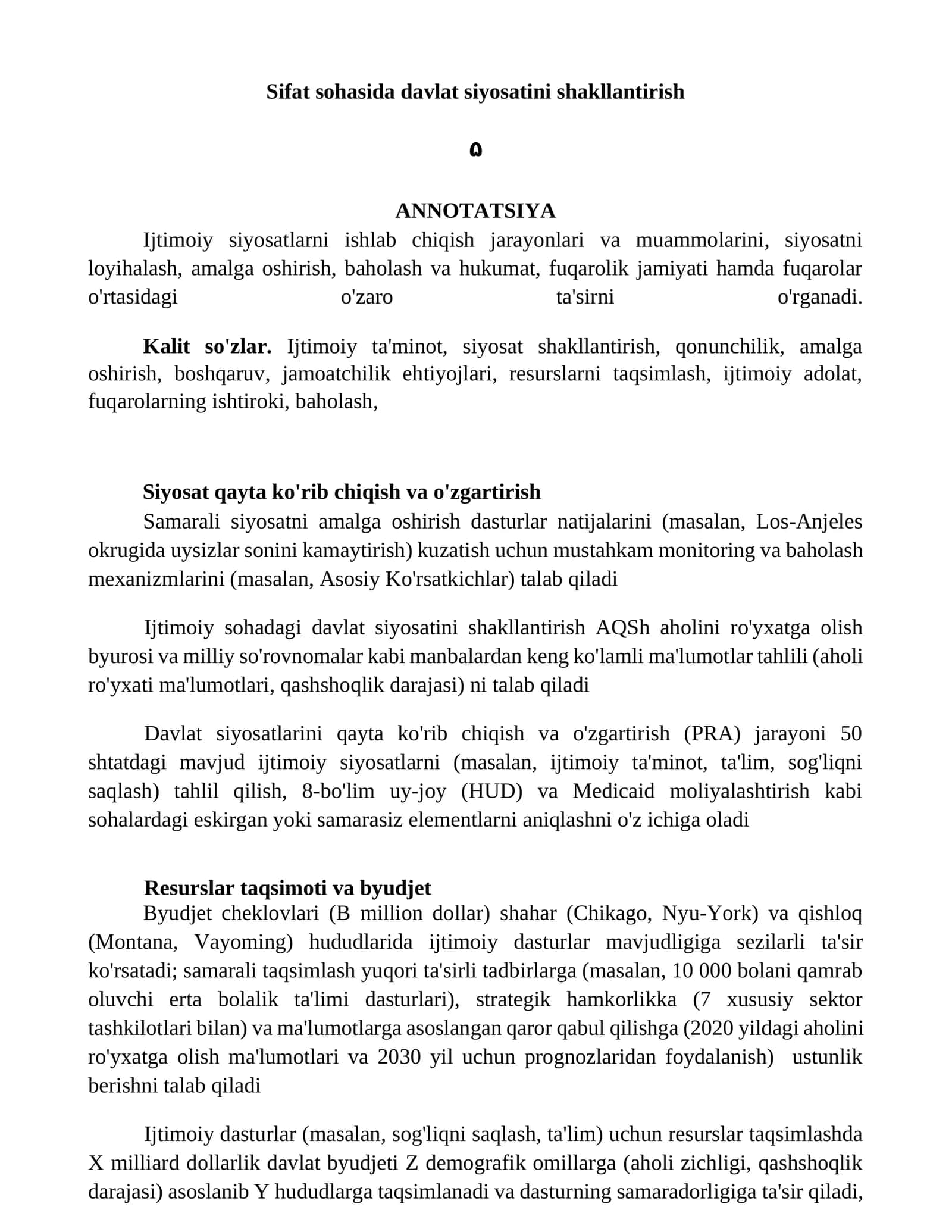 Sifat sohasida davlat siyosatini shakllantirish 1