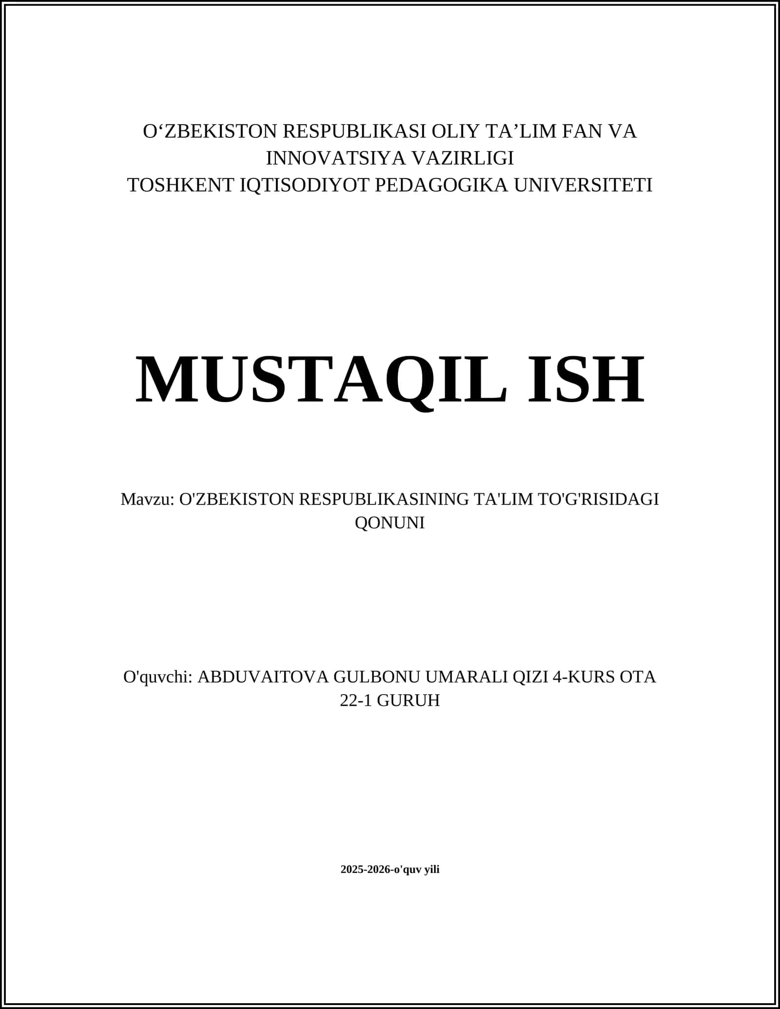 O'ZBEKISTON RESPUBLIKASINING TA'LIM TO'G'RISIDAGI QONUNI 1