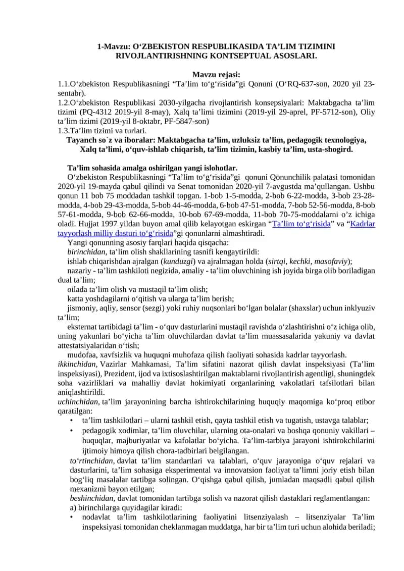 O‘ZBEKISTON RESPUBLIKASIDA TA’LIM TIZIMINI RIVOJLANTIRISHNING KONTSEPTUAL ASOSLARI 1