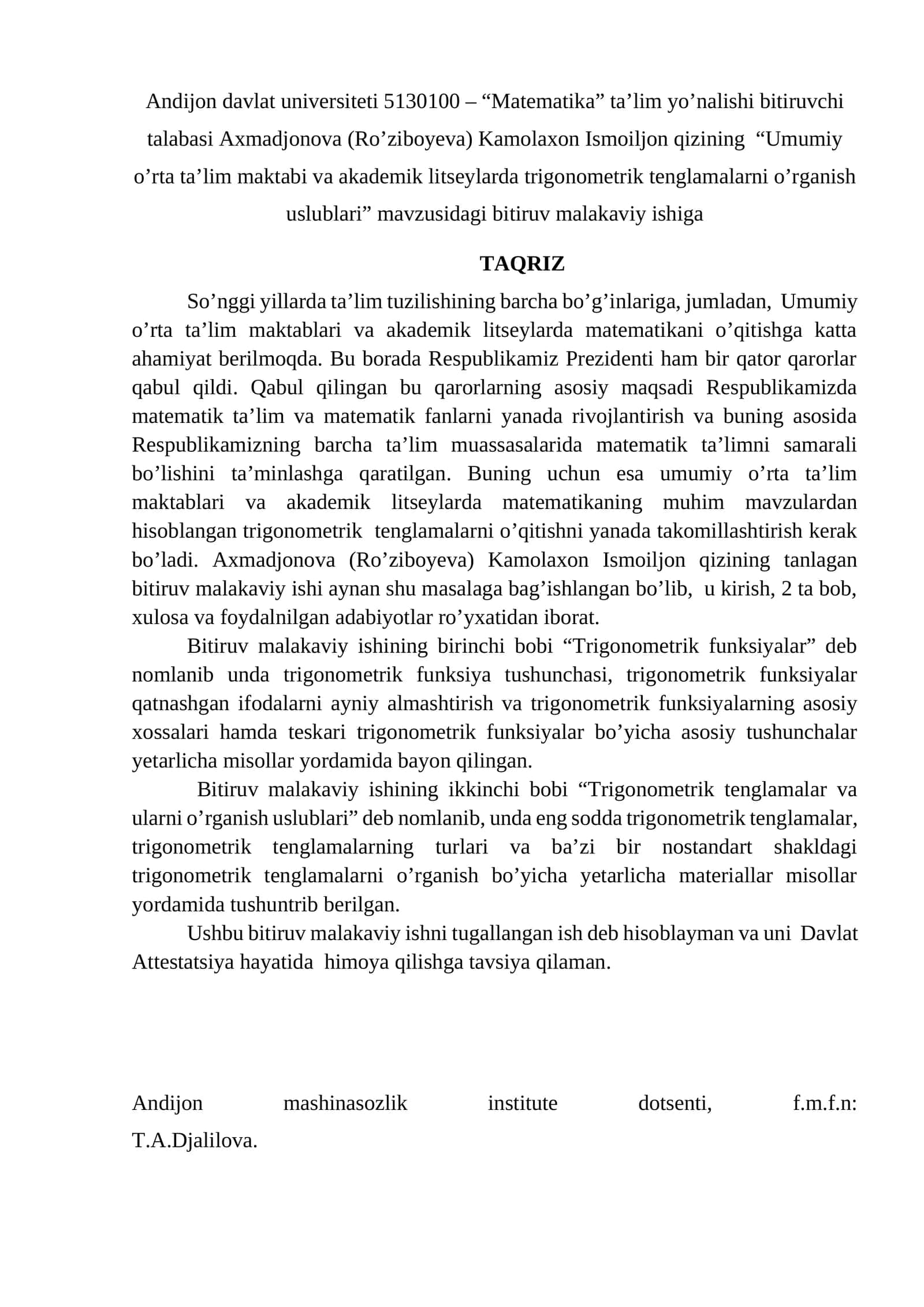 Umumiy o'rta ta'lim maktabi va akademik litseylarda trigonometrik tenglamalarni o'rganish uslublari 1