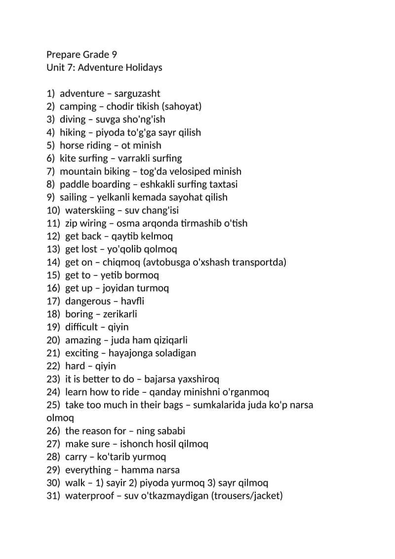Prepare Grade 9 Unit 7: Adventure Holidays 1