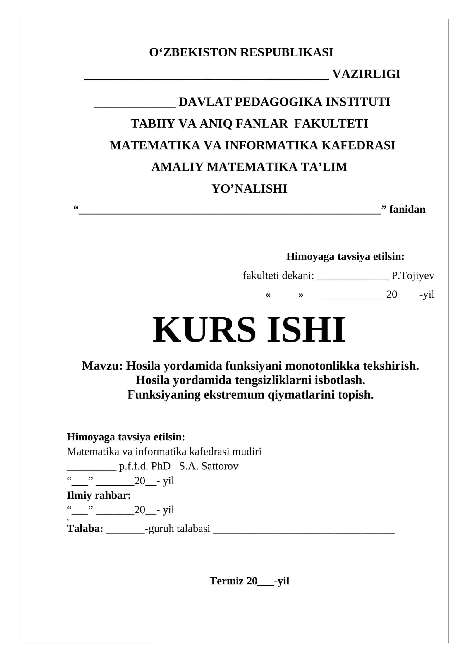 Hosila yordamida funksiyani monotonlikka tekshirish. Hosila yordamida tengsizliklarni isbotlash 1
