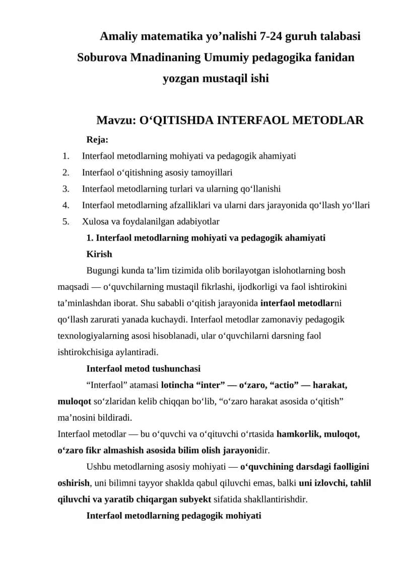 O‘QITISHDA INTERFAOL METODLAR 1