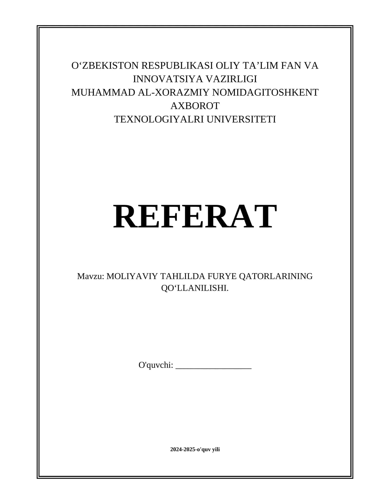 MOLIYAVIY TAHLILDA FURYE QATORLARINING QO‘LLANILISHI. 1
