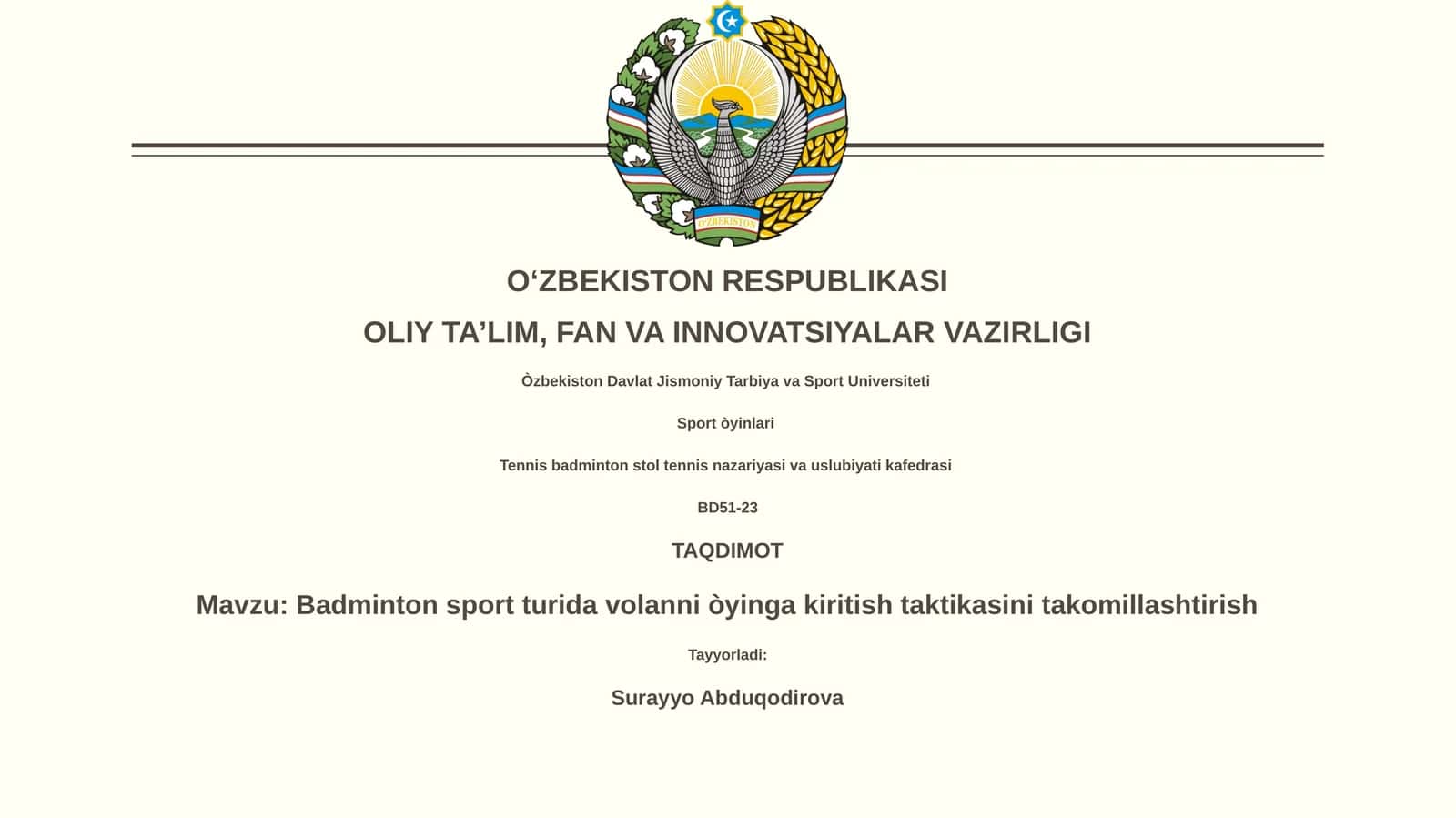 Badminton sport turida volanni òyinga kiritish taktikasini takomillashtirish 1