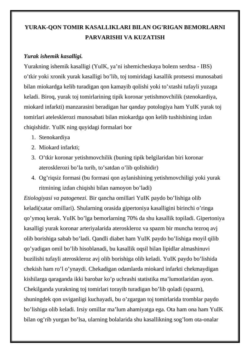 YURAK-QON TOMIR KASALLIKLARI BILAN OG'RIGAN BEMORLARNI PARVARISHI VA KUZATISH 1
