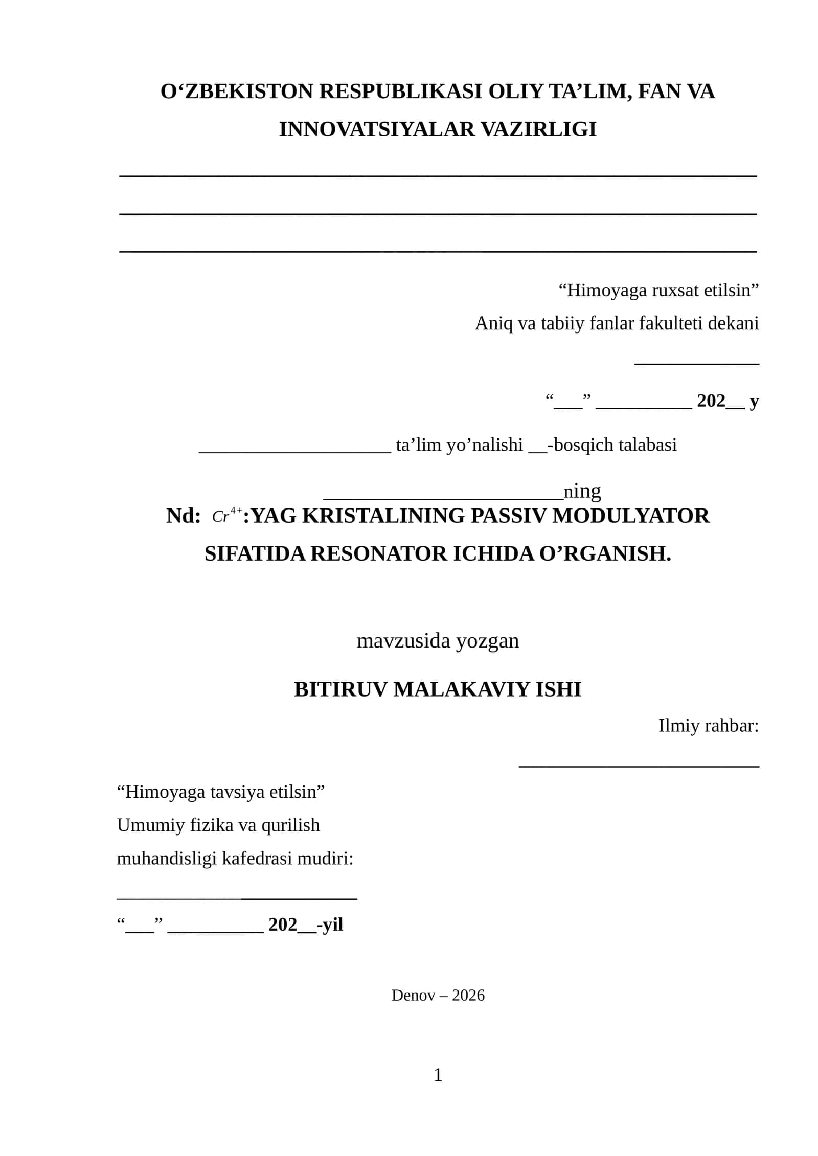 Cr4+:YAG krstali passiv modulyator sifatida resonator ichida o'rganish 1