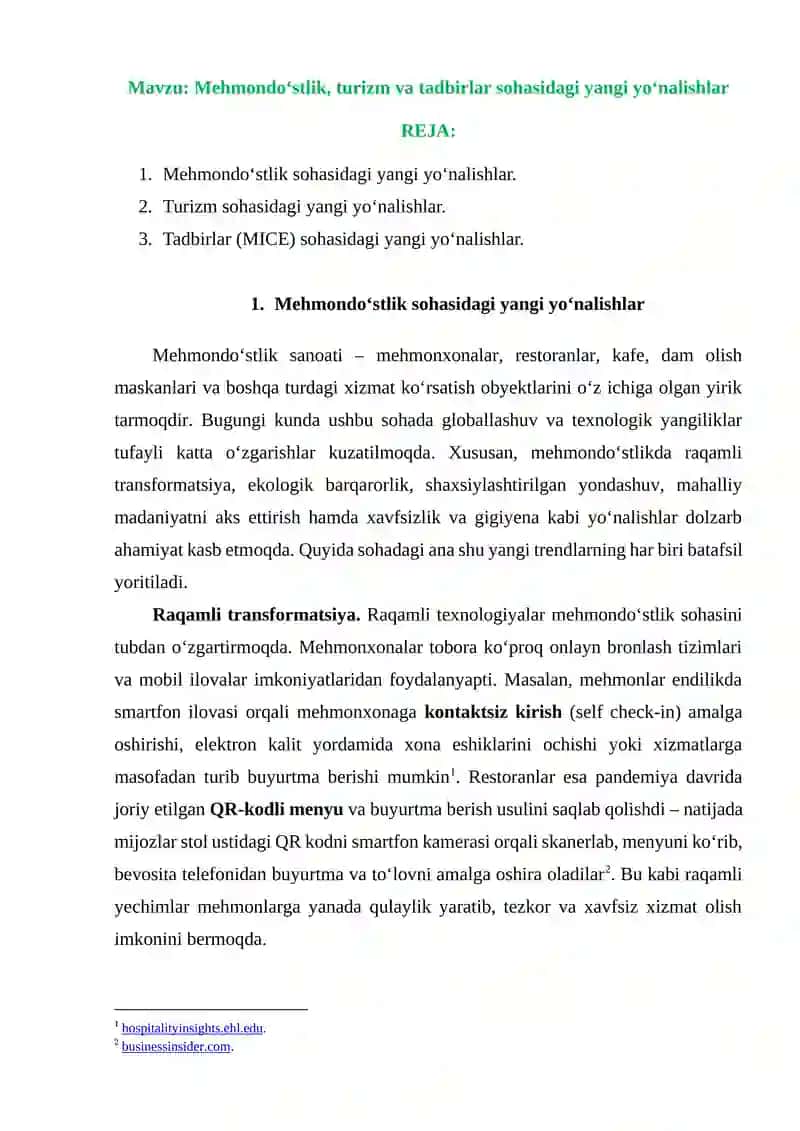 Mehmondo‘stlik, turizm va tadbirlar sohasidagi yangi yo‘nalishlar