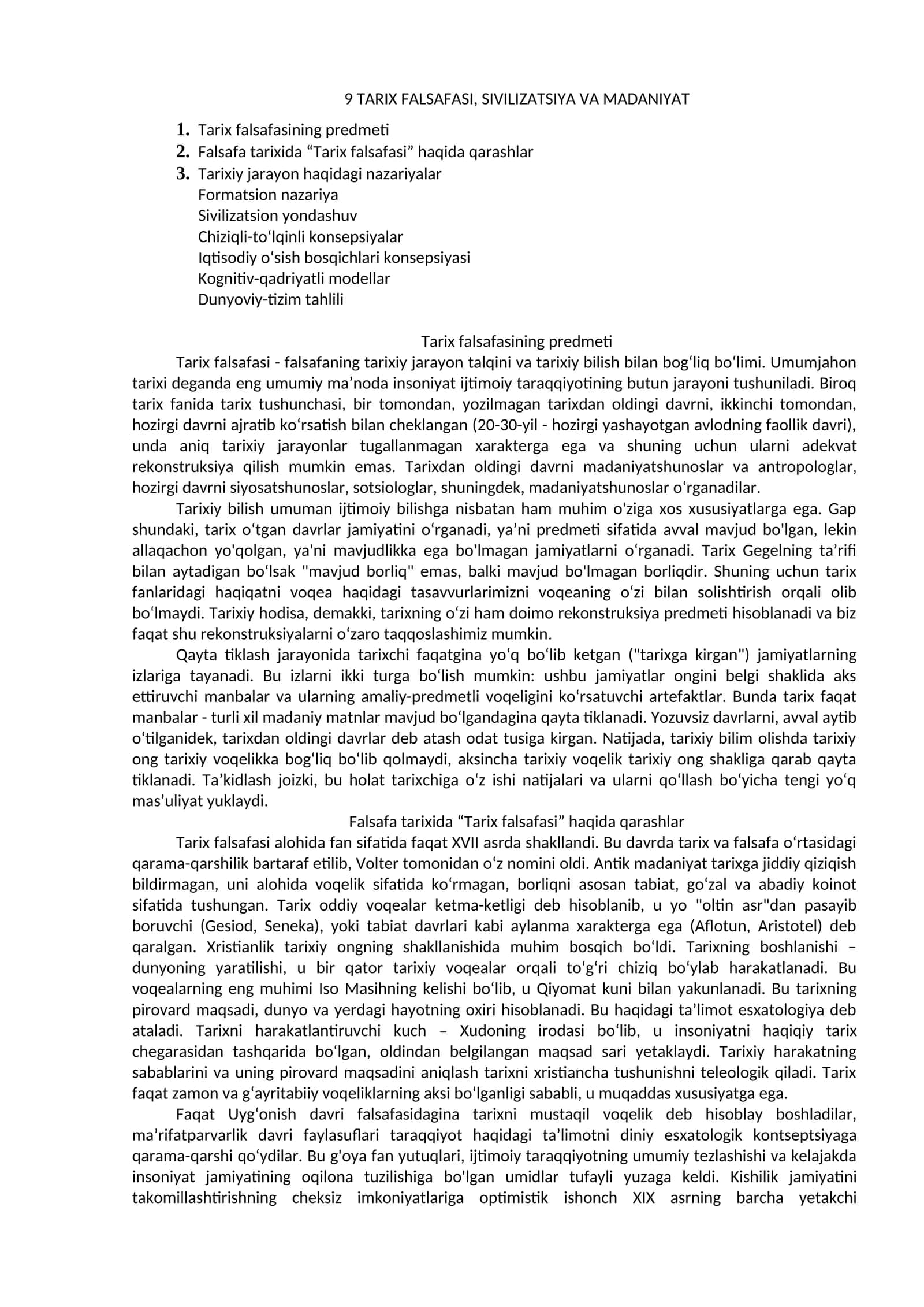 TARIX FALSAFASI, SIVILIZATSIYA VA MADANIYAT 1