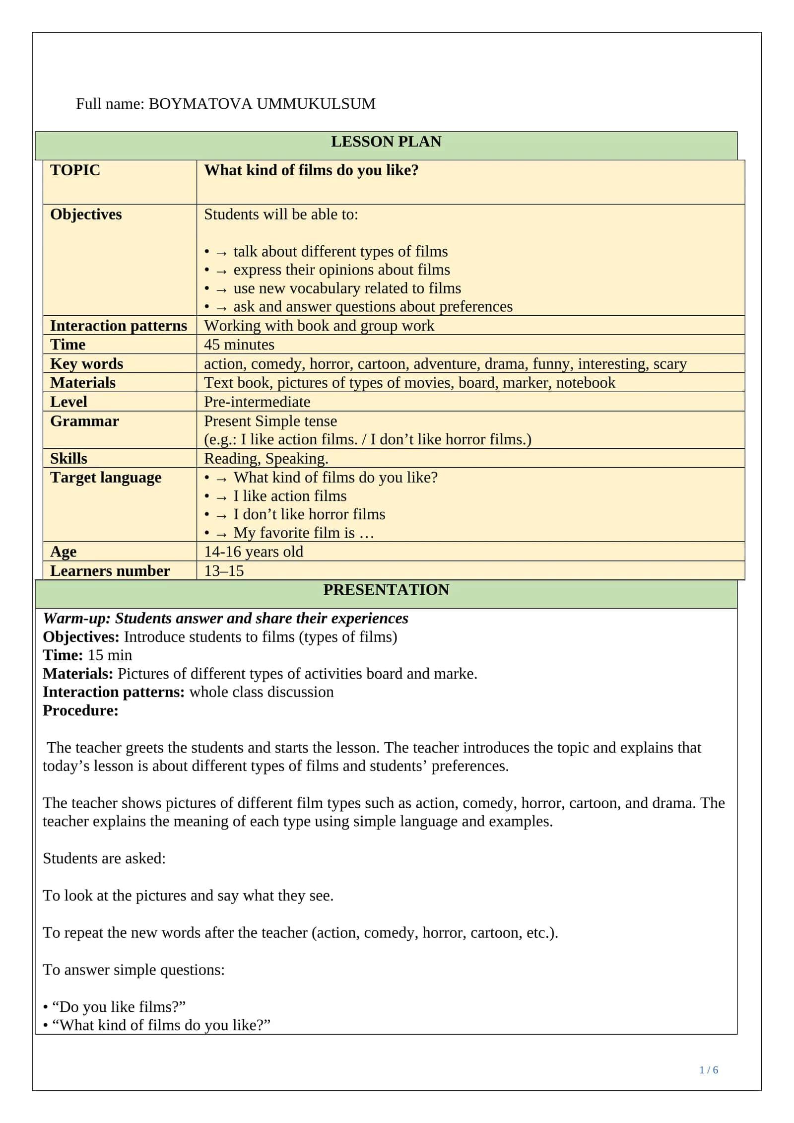 Lesson plan ESP What kind of films do you like 1