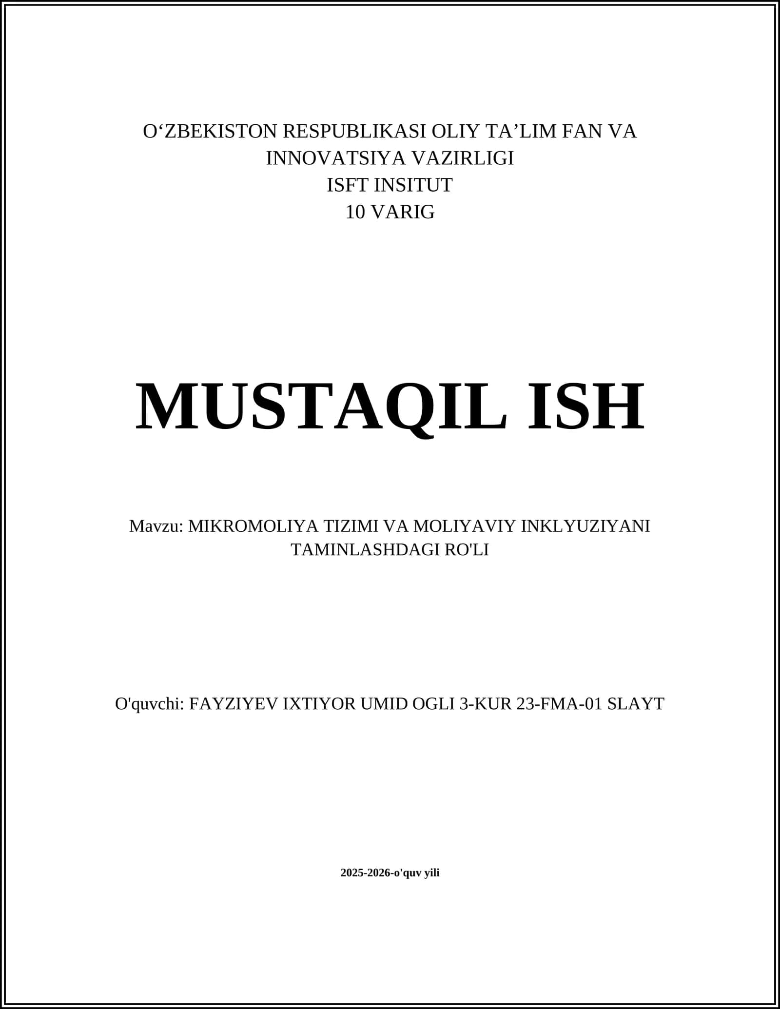 MIKROMOLIYA TIZIMI VA MOLIYAVIY INKLYUZIYANI TAMINLASHDAGI RO'LI 1