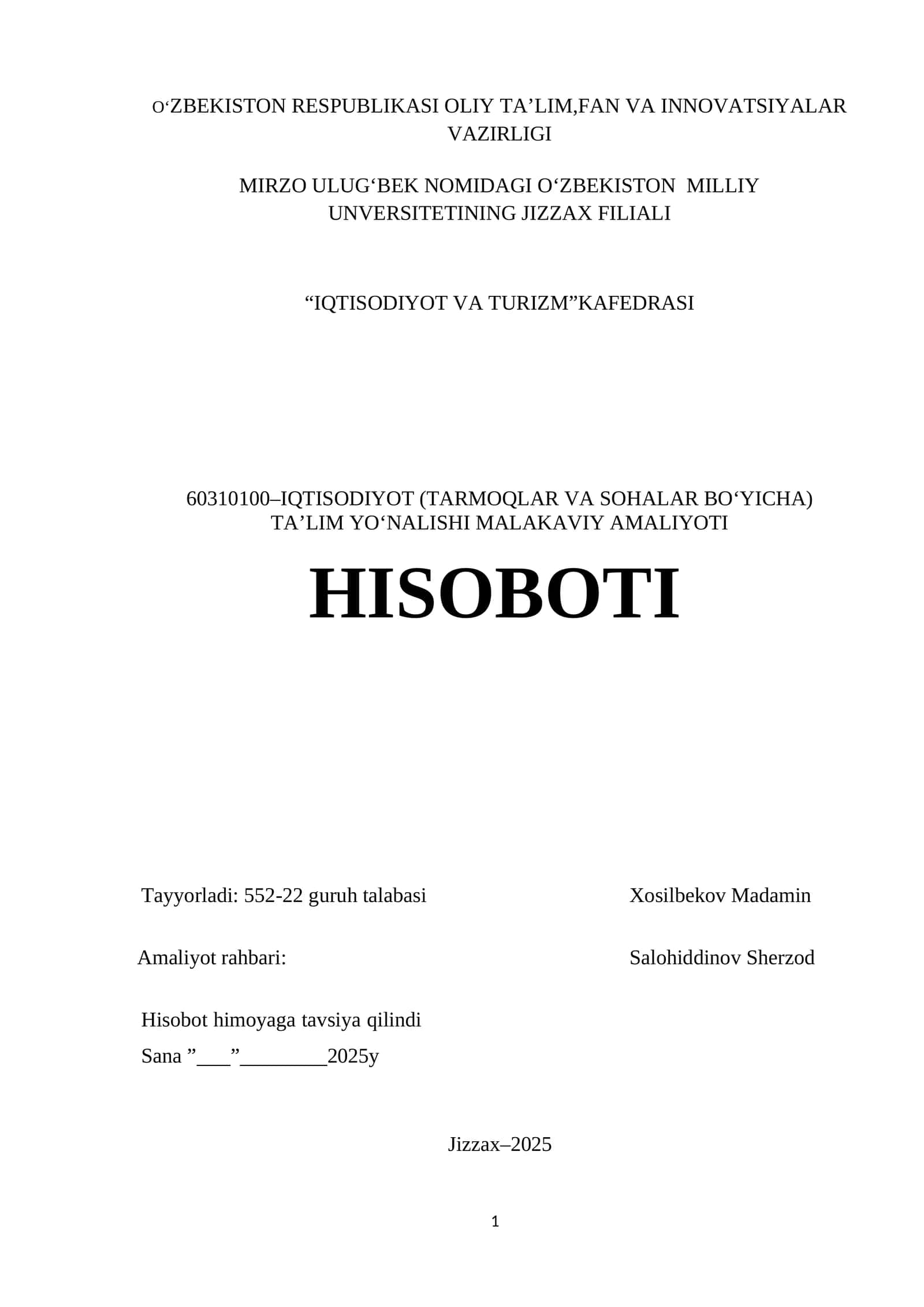 Yoshlar ishlar agentligi faoliyati boʻyicha amaliyot hisoboti. 1