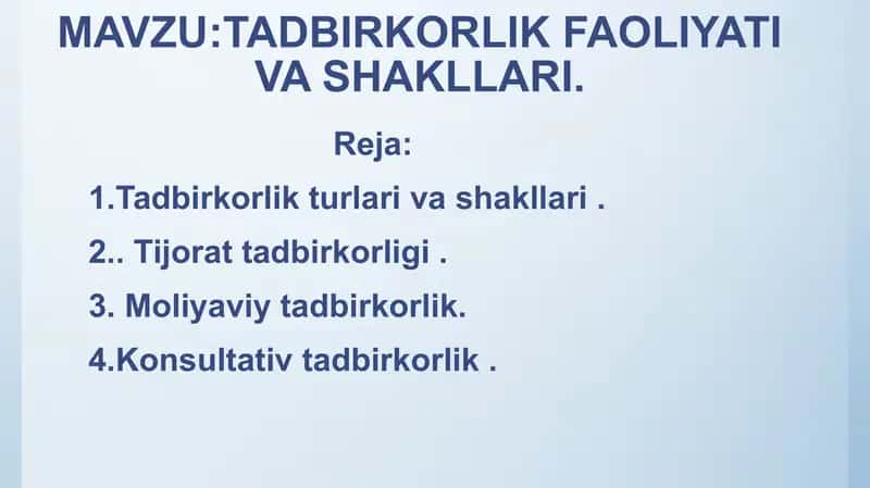 Tadbirkorlik faoliyati va shakllari 1