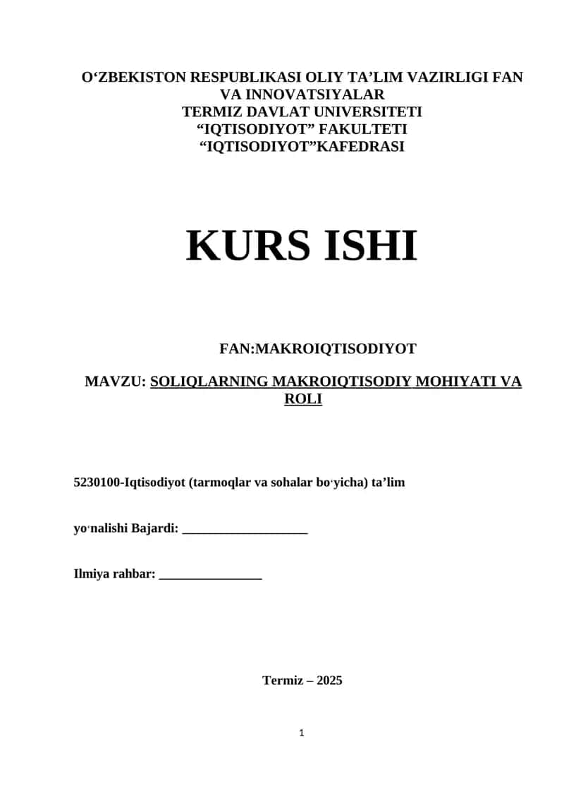 SOLIQLARNING MAKROIQTISODIY MOHIYATI VA ROLI 1