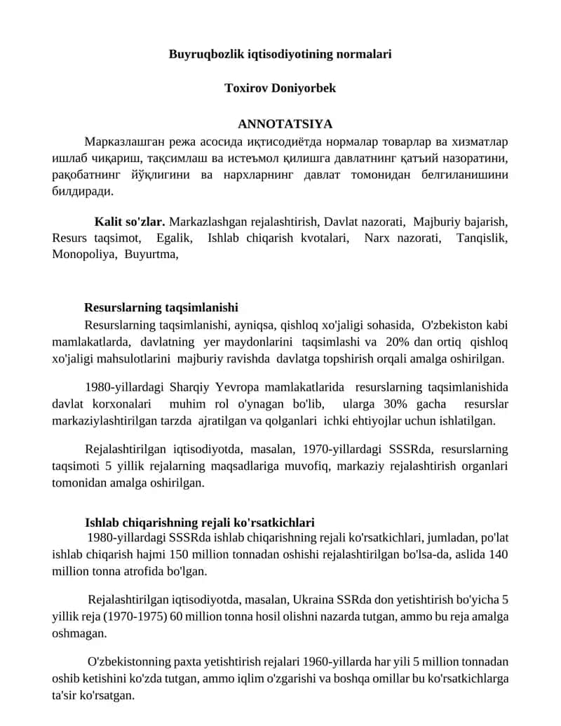 Buyruqbozlik iqtisodiyotining normalari 1