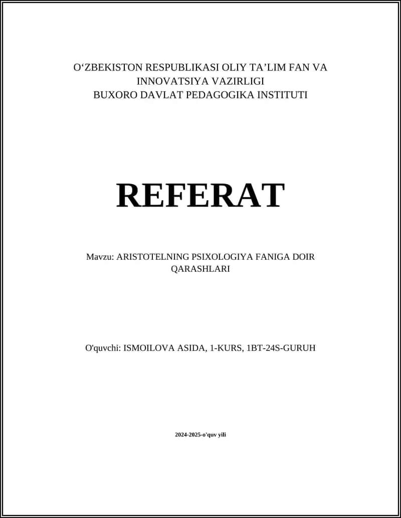ARISTOTELNING PSIXOLOGIYA FANIGA DOIR QARASHLARI 1