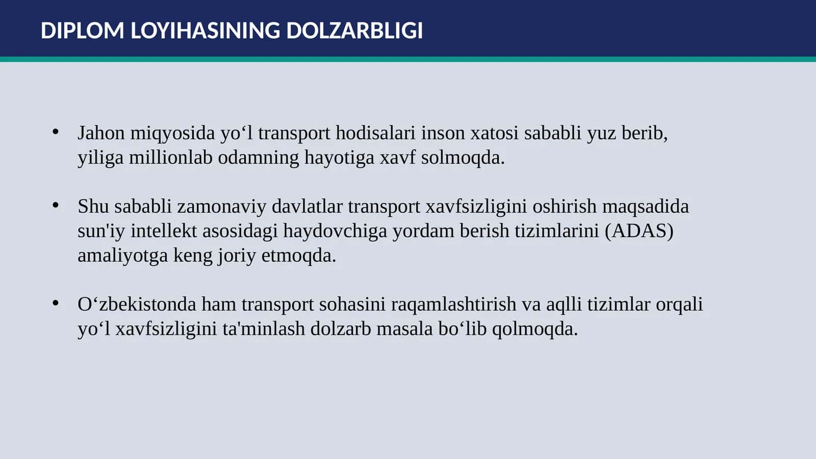 Sun’iy intellekt asosida yo‘l harakati obyektlarini aniqlash va haydovchi uchun aqlli tavsiya tizimini ishlab chiqish diplom loyiha slaydi 1
