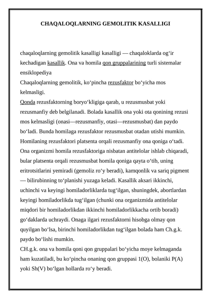 Chaqaloqlarning Gemolitik Kasalligi 1