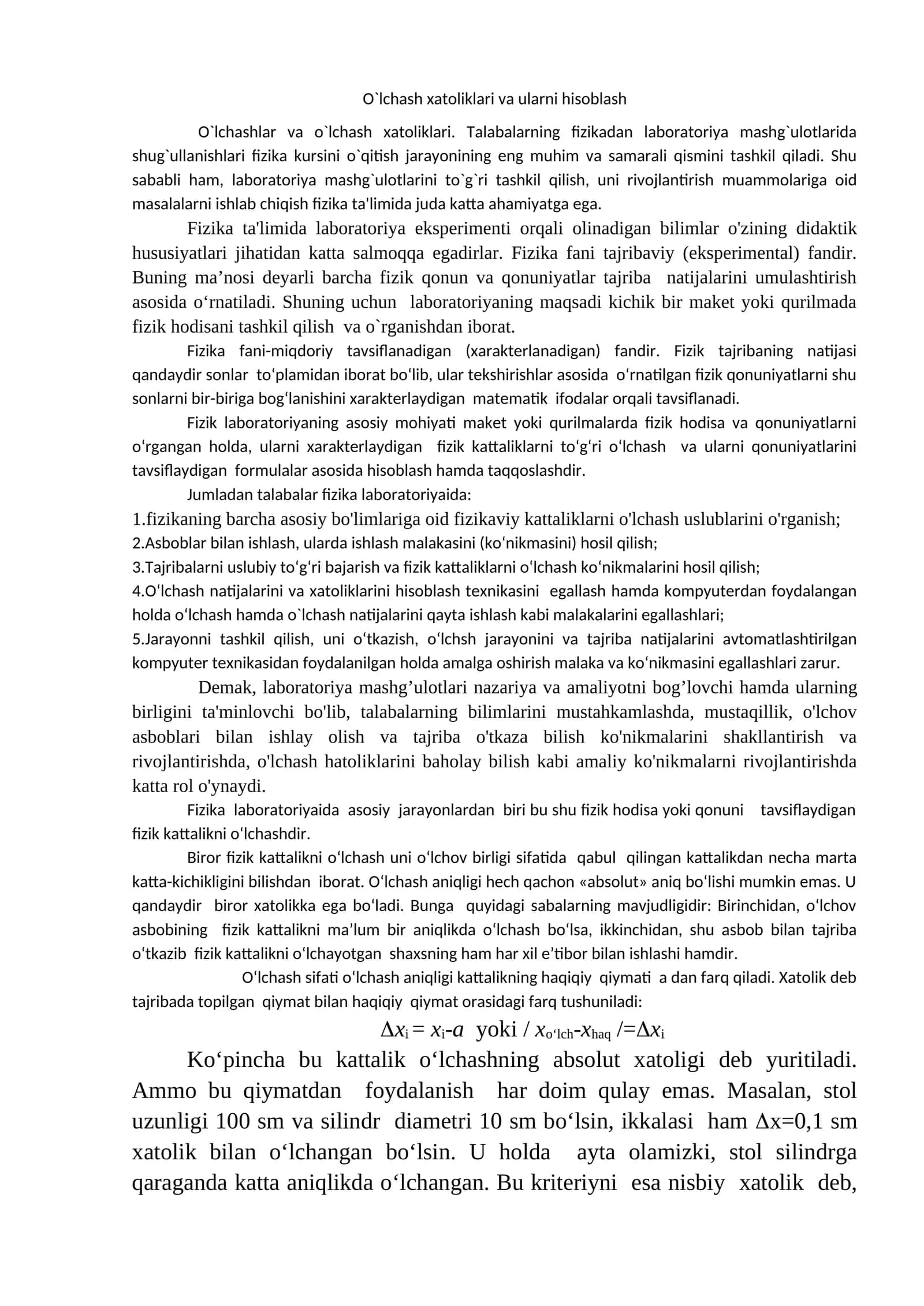 O`lchash xatoliklari va ularni hisoblash 1