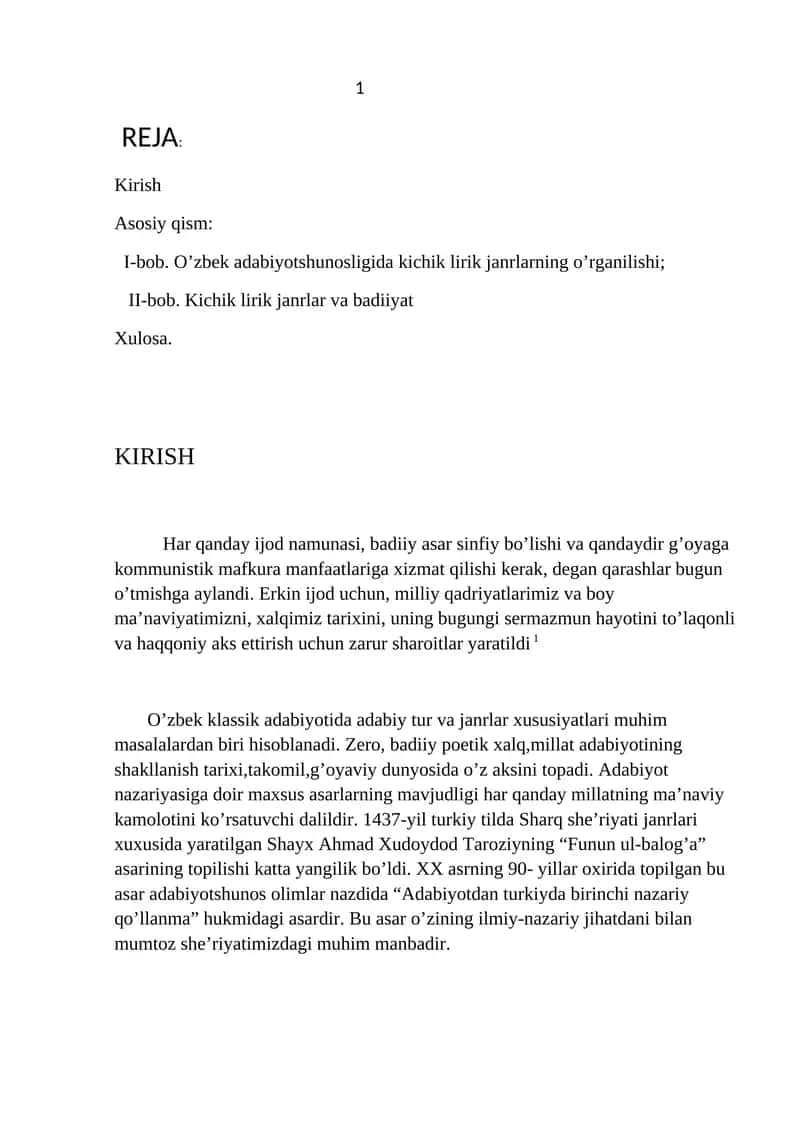 O’zbek adabiyotshunosligida kichik lirik janrlarning o’rganilishi 1